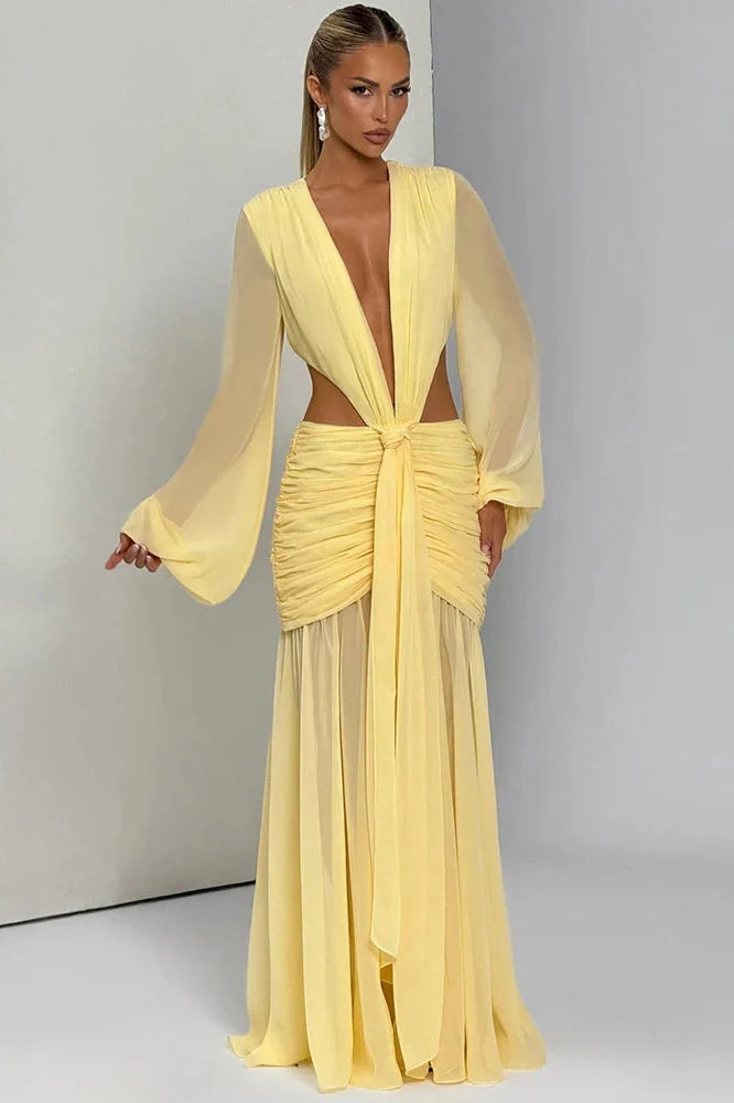 Hollow Out Deep V Neck Long Sleeve Backless Maxi Dress