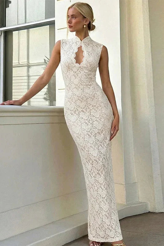 Hollow Out Lace Sleeveless Slim Maxi Dress