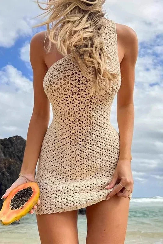 See-Through Backless Slash Collar Knitted Mini Dress