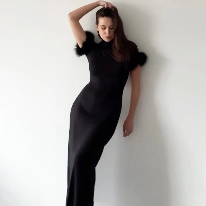 Elegant Patchwork High Collar Maxi Dress