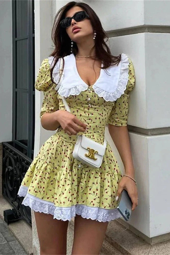 Printed Patchwork V-Neck Short Sleeve Slim Mini Dress