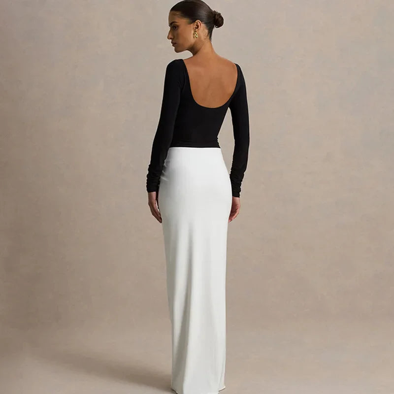 Backless Round Neck Patchwork Long Sleeve Maxi Dress