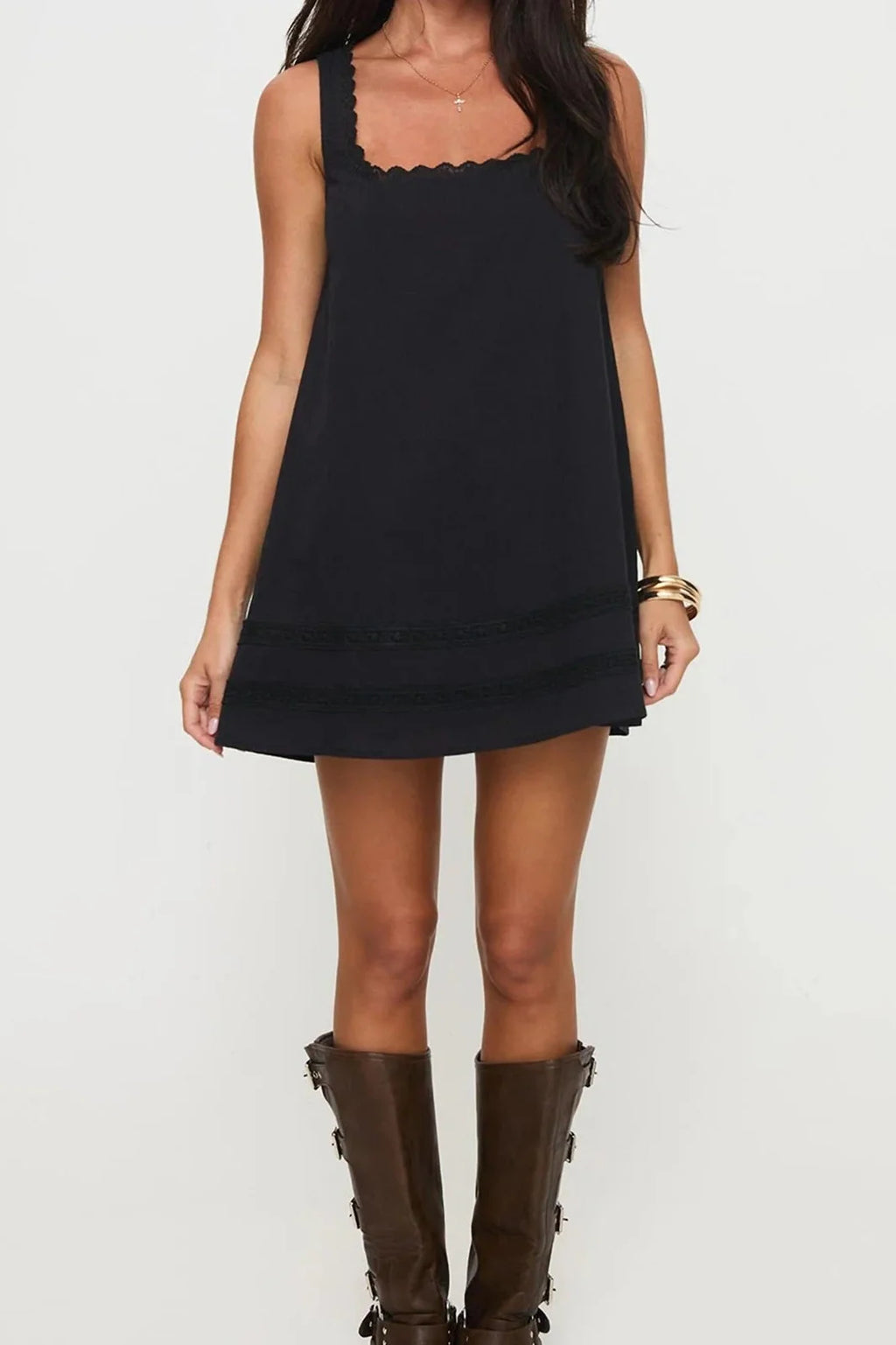 Lace Patchwork Square Neck Sleeveless Loose Mini Dress