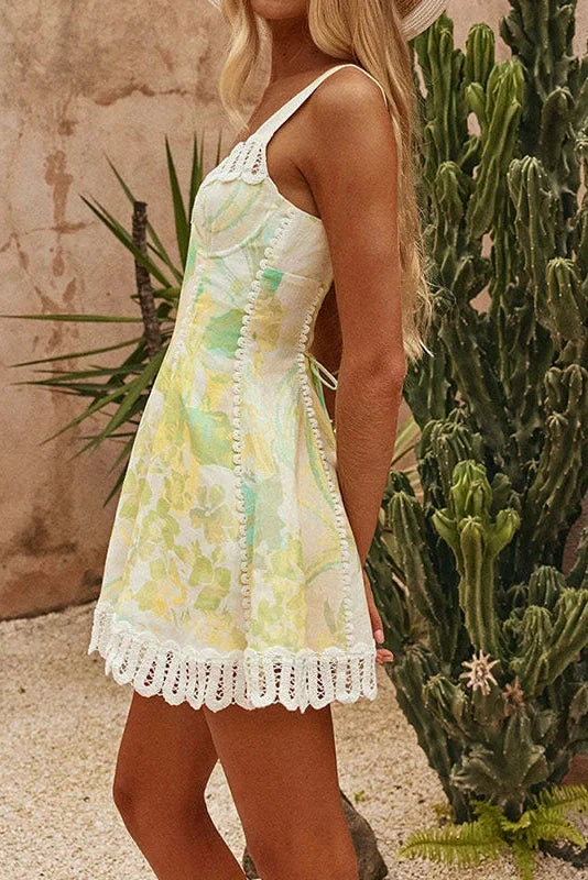 Printed Lace Sleeveless High Waist A-Line Pleated Mini Dress