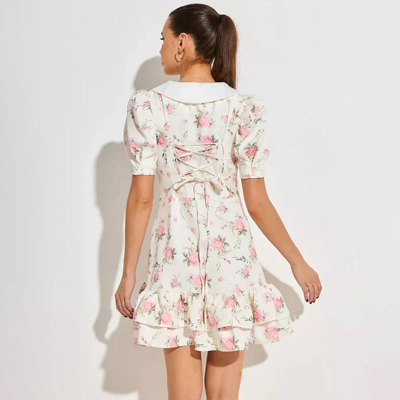 Printed Puff Sleeves V-Neck High Waist Mini Dress
