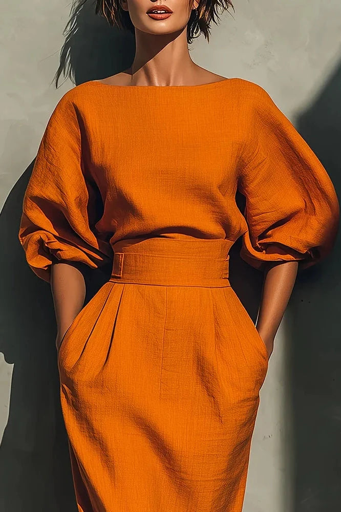 Elegant A-Line O-Neck Lantern Sleeve High Waist Pleated Midi Dress