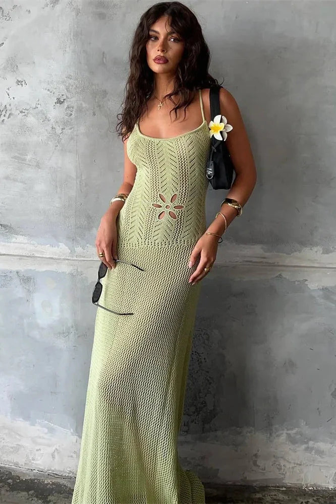 Hollow Out Printed High Waist Backless Maxi Dress
