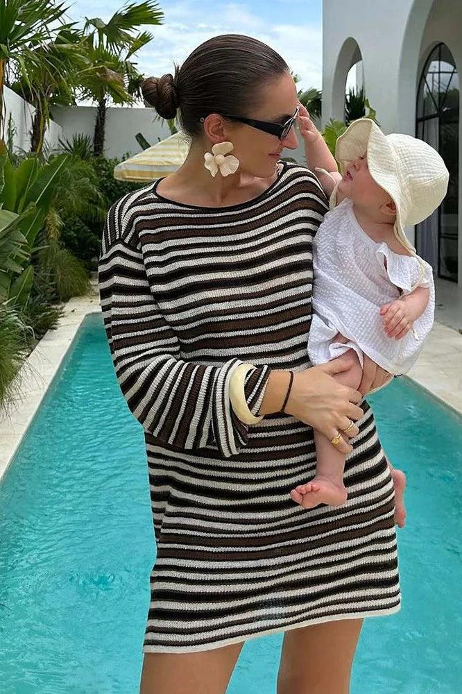 Stripe Knitted Backless Loose Long Sleeve Mini Dress