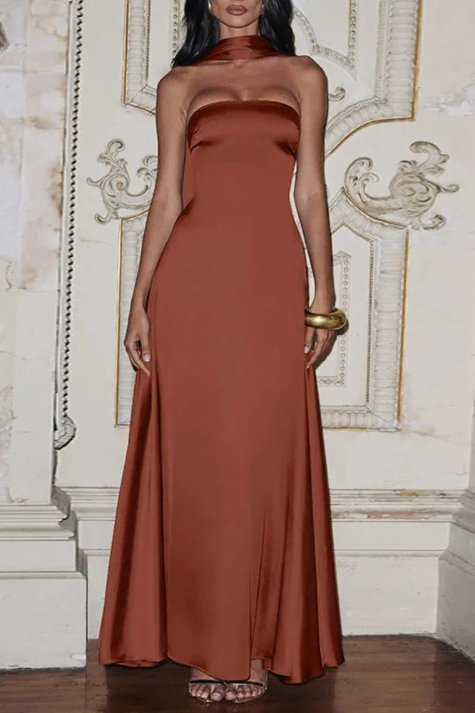 Off-Shoulder Strapless Scarf Collar Sleeveless Backless Bodycon Maxi Dress