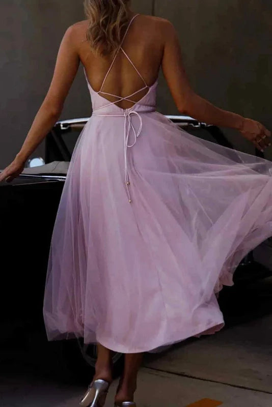 Backless Sleeveless Pleated High Waist Midi Dress