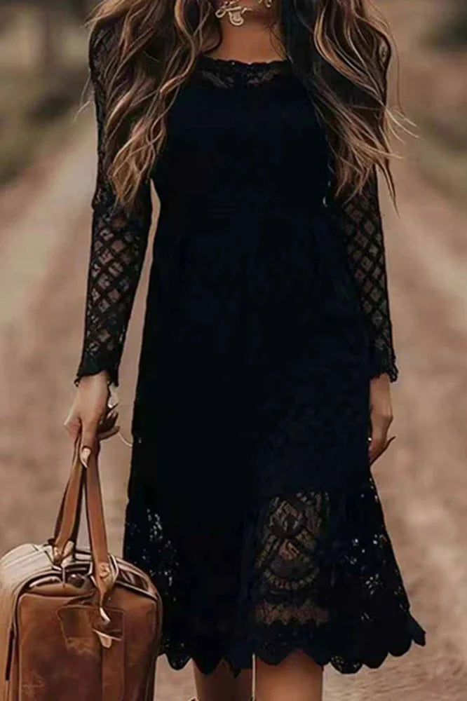 Lace Embroidery U-Collar Long Sleeve High Waist Midi Dress