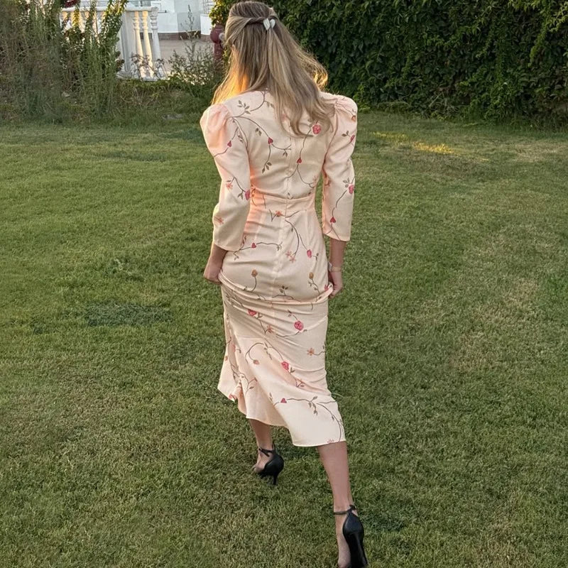 Print Pleated V-Neck Puff Sleeve Maxi Dress