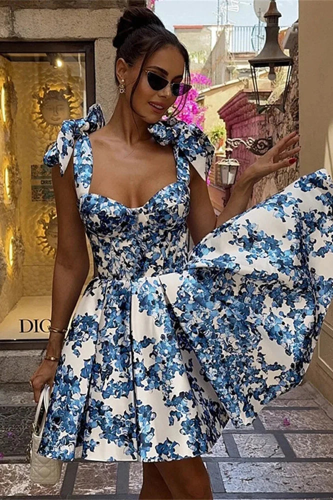 Printed High Waist Lace-Up Bodycon Mini Dress