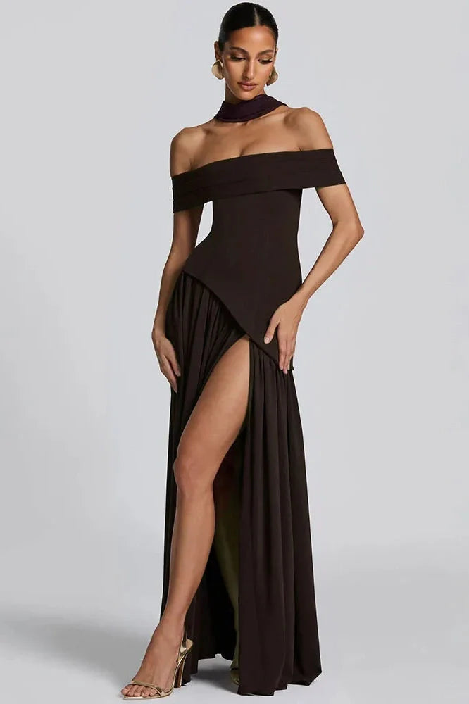 Off-Shoulder Backless Strapless Sleeveless Pleated High Split Maxi Dress