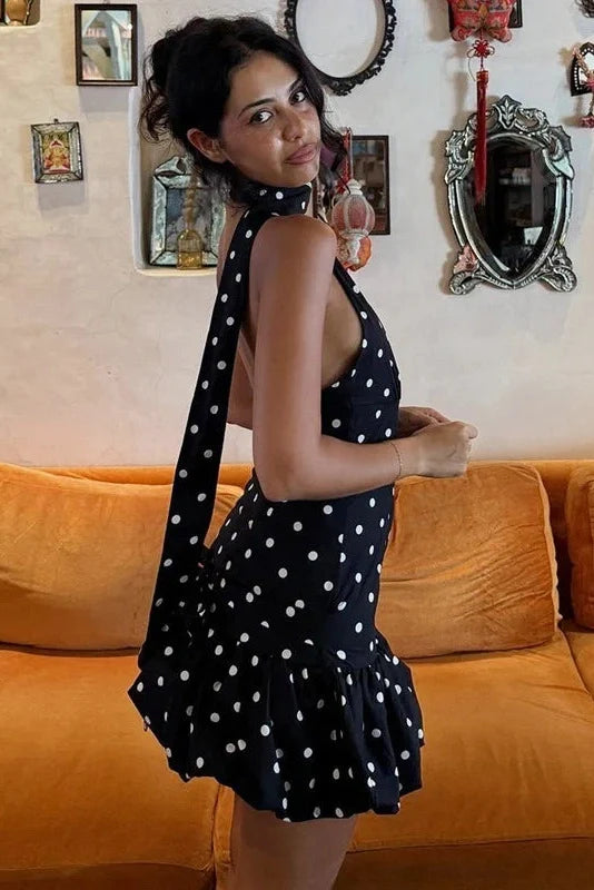 Elegant Scarf Polka Dot Backless Mini Dress