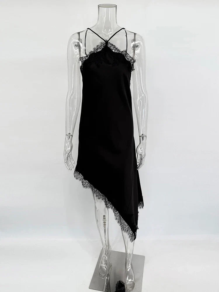 Lace Backless Spaghetti Strap Irregular Midi Dress