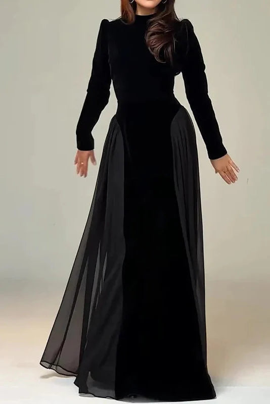 Elegant Long Sleeve Pleated O-Neck Maxi Dress