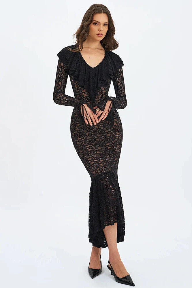 Lace V Neck Long Flare Sleeve High Waist Maxi Dress
