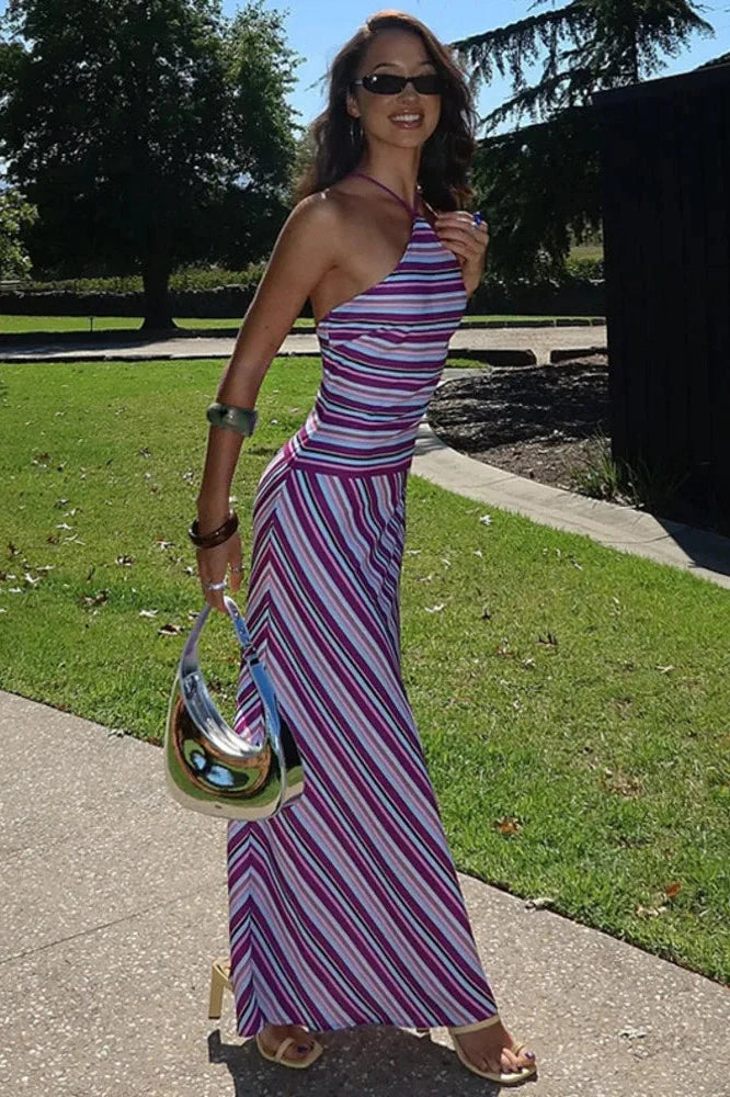 Striped Printed Off-Shoulder Sleeveless Lace-Up Patchwork Maxi Dress