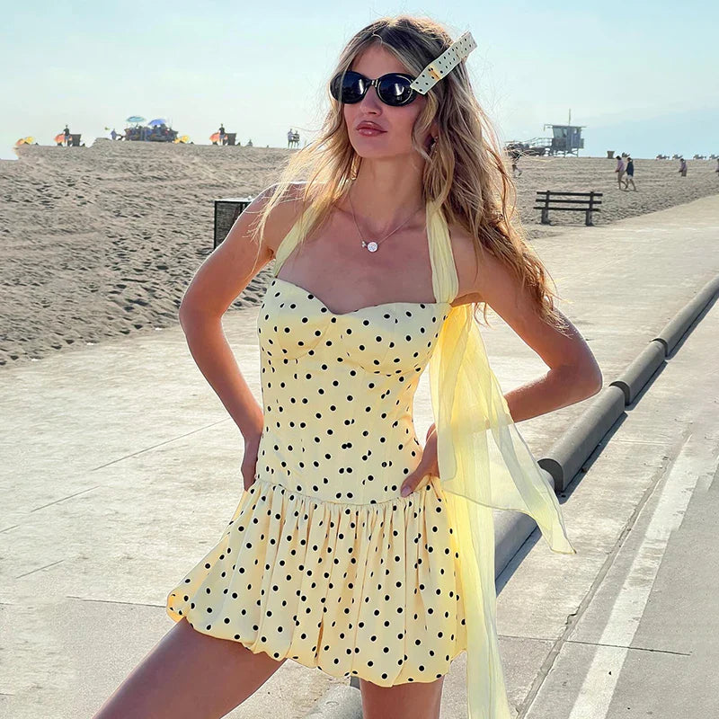 Polka Dot High Waist Slim Sleeveless Mini Dress