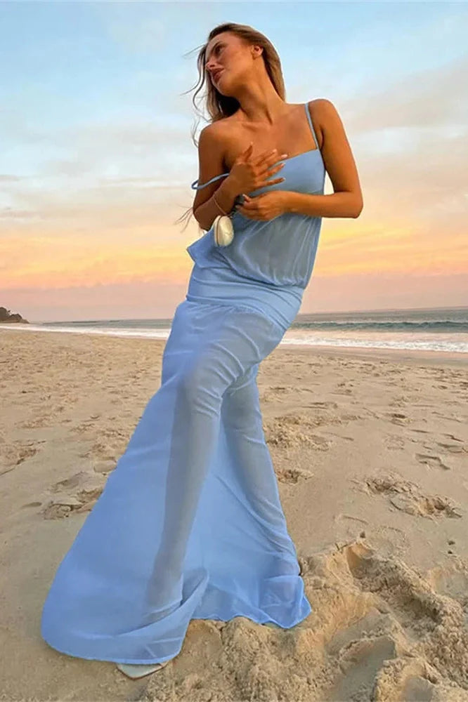 See-Through Patchwork Spaghetti Straps Maxi Dress