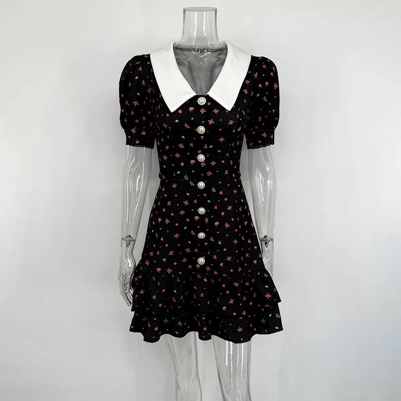 Printed Short Sleeve V Neck High Waist Mini Dress