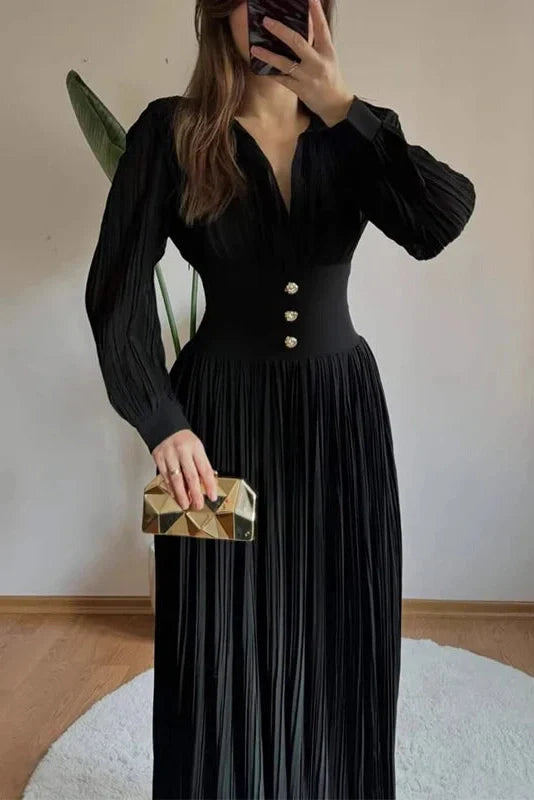 Long Sleeve High Waist Pleated V-Neck Maxi Dress