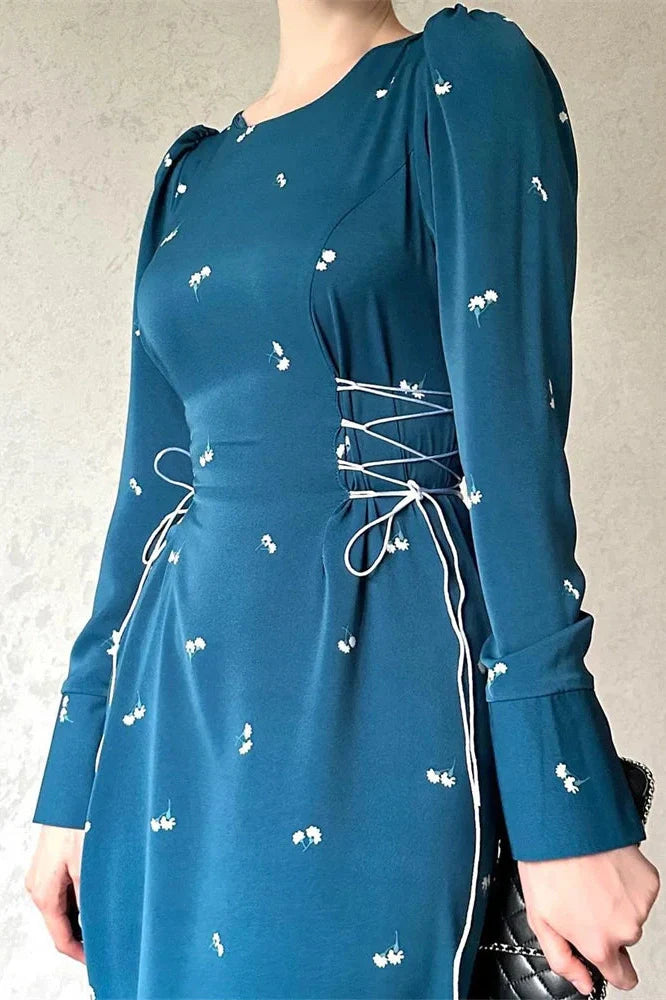 Printed Slim Patchwork Lace-Up Long Sleeve Maxi Dress