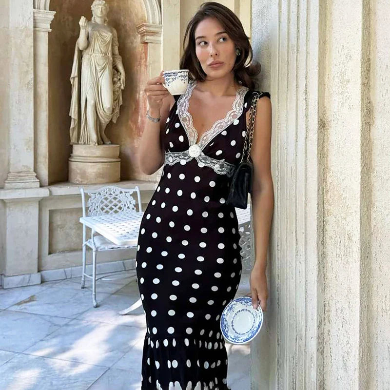 Lace Patchwork Polka Dot V-Neck Backless Midi Dress