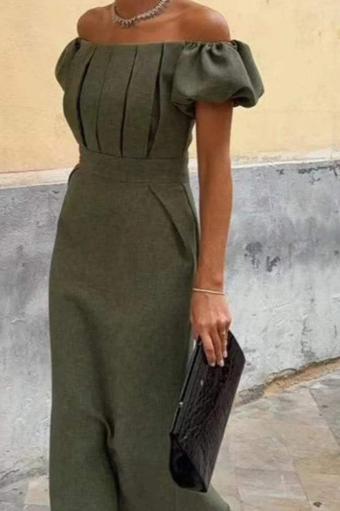 Elegant Slim High Waist Off-Shoulder Puff Sleeve Maxi Dress