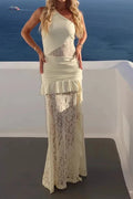 Off Shoulder Slash Collar Lace Fit Maxi Dress