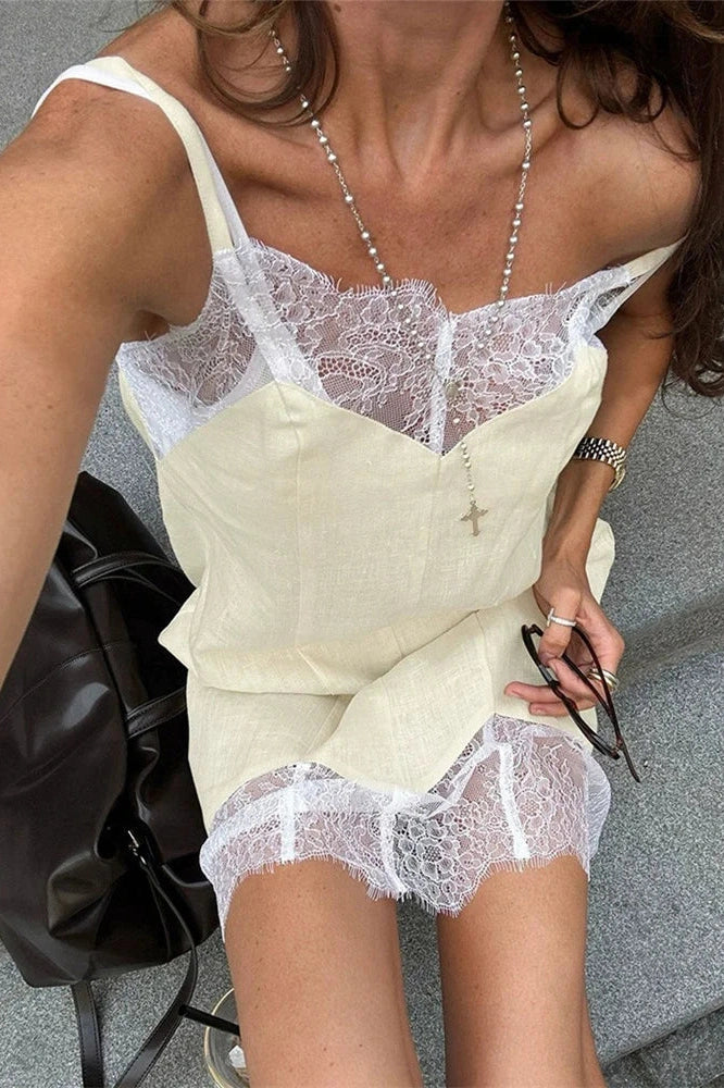 Lace Printed Patchwork See-Through Mini Dress