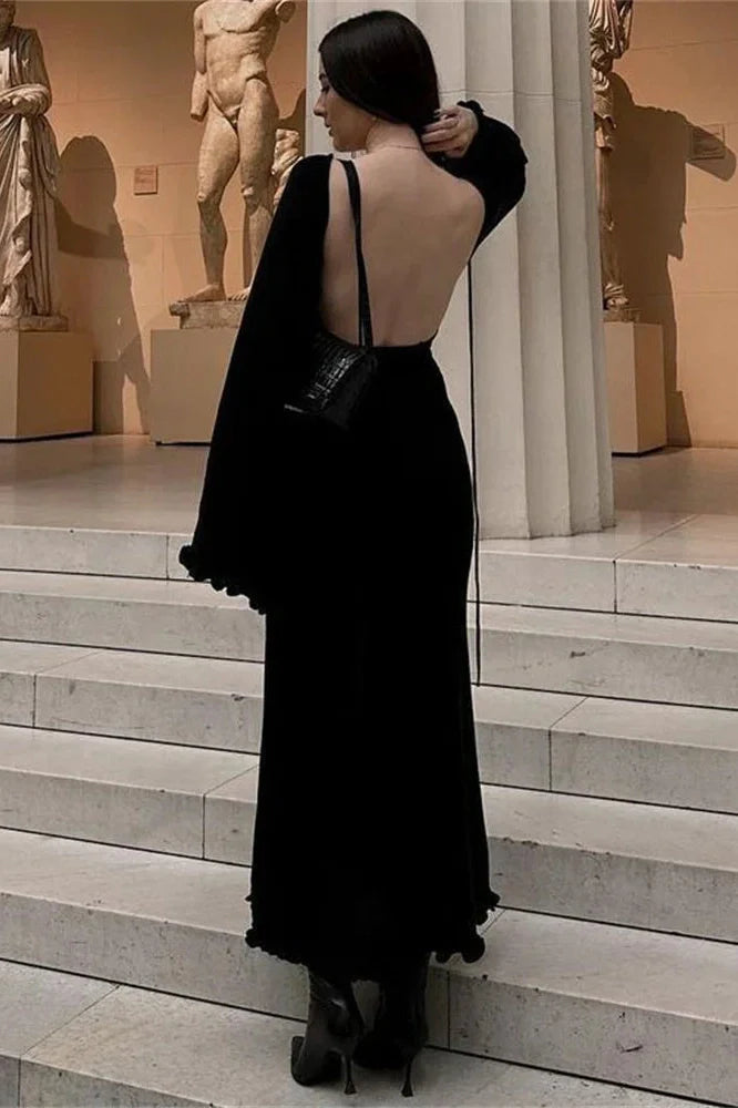 Backless Knit Lace-Up High Waist Long Sleeve Maxi Dress