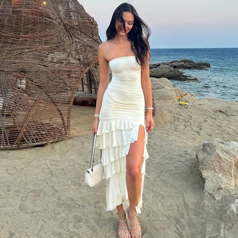 Strapless Off Shoulder Pleated Patchwork Maxi Dress