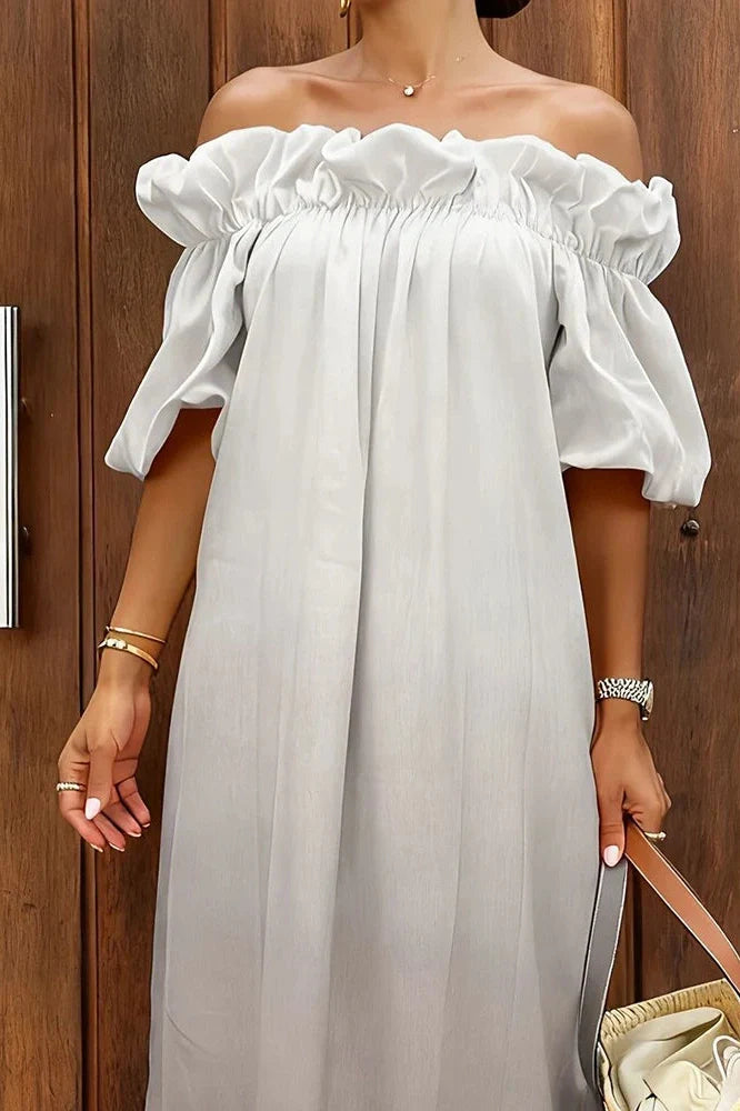 Off-Shoulder Pleated Loose Slash Collar Printed Maxi Dress