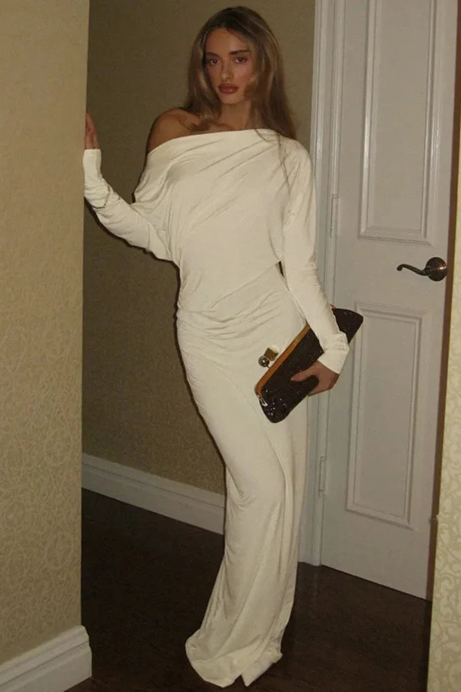 One Shoulder Backless Long Sleeve Bodycon Maxi Dress