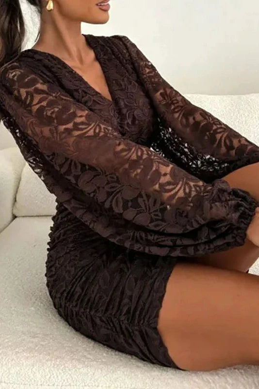 Elegant Slim High Waist Pleated Lace V-Neck Long Sleeve Mini Dress