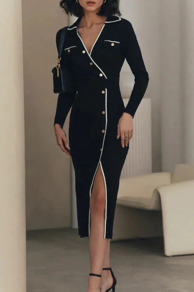 Patchwork Knit Slim Lace-Up High Waist Split Midi Dress