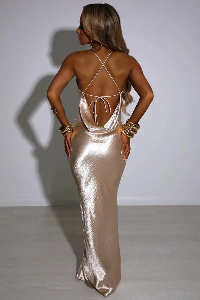 Elegant Spaghetti Strap Sleeveless Backless Maxi Dress