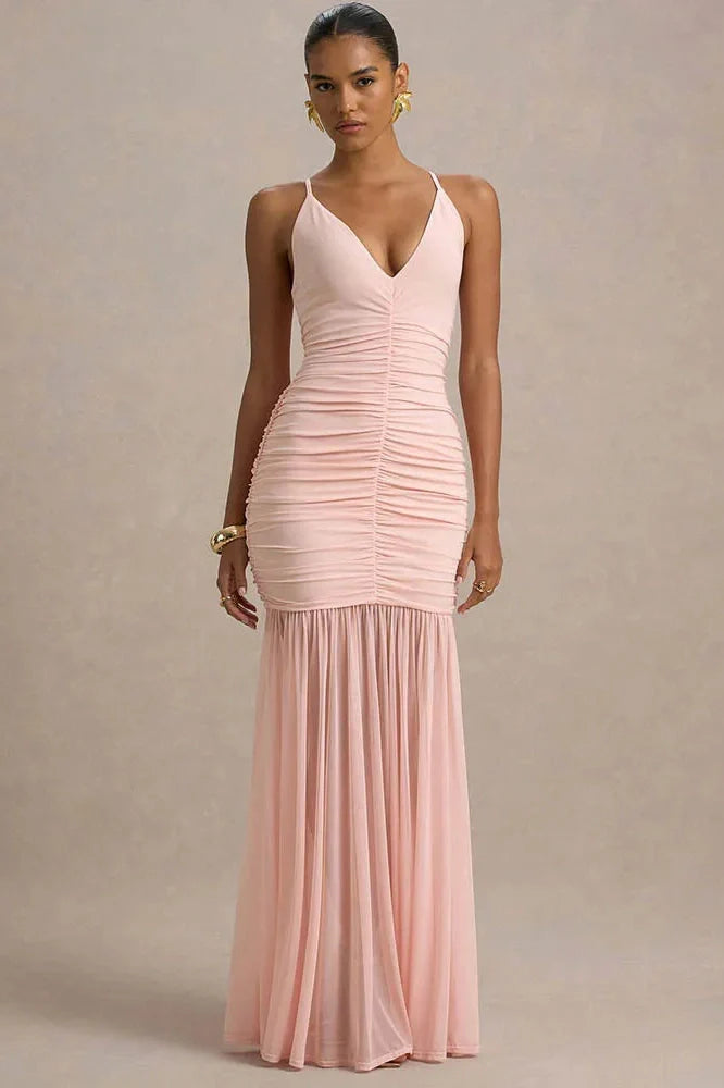 Spaghetti Strap Backless Patchwork V Neck Pleated Maxi Dress