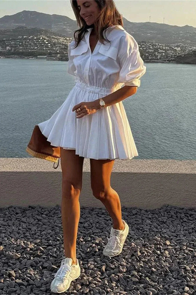Pleated Patchwork Slim Short Sleeve High Waist Mini Dress