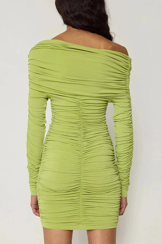 Inclined Shoulder Long Sleeve Backless Mini Dress