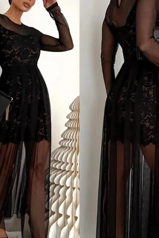 Elegant Slim See-Through Long Sleeve High Waist Pleated Maxi Dress