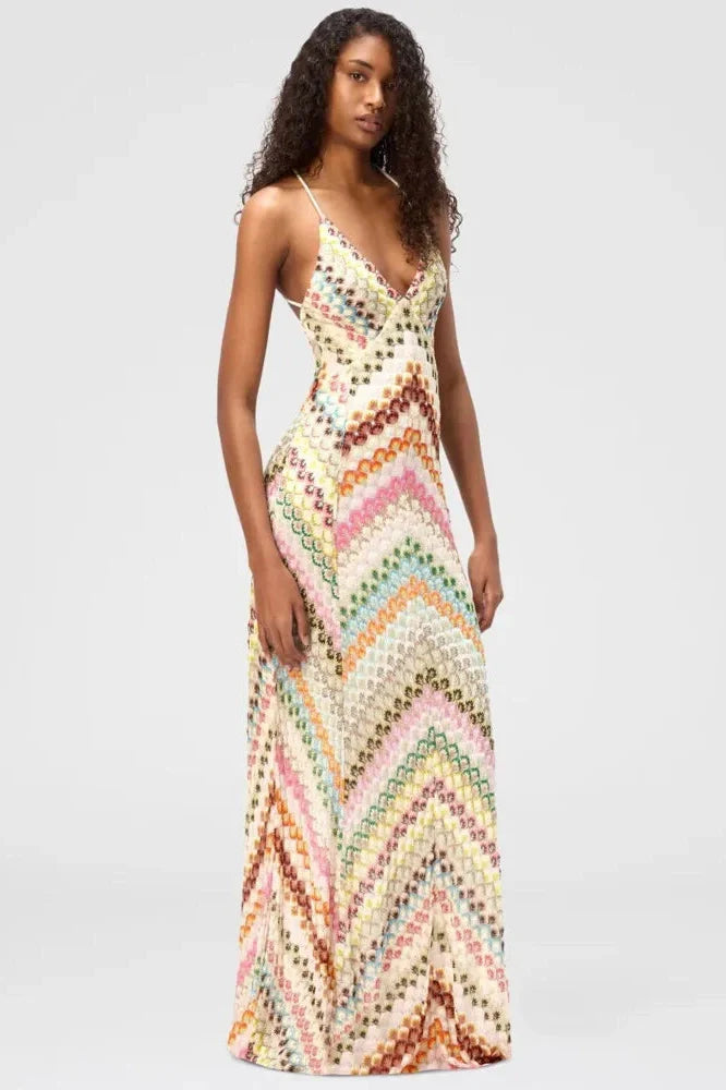 Backless Knit Spaghetti Strap Sleeveless High Waist Maxi Dress