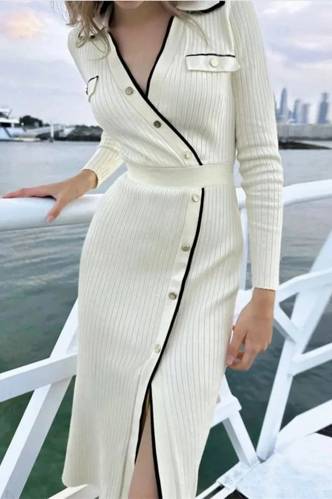 Patchwork Knit Slim Lace-Up High Waist Split Midi Dress