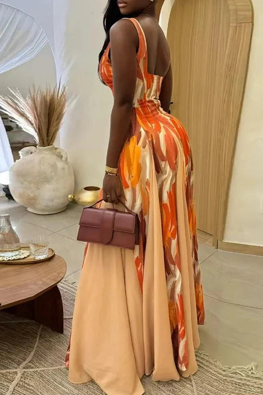 Printed High Waist Pleated Slim Sleeveless Maxi Dress
