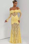 Off-Shoulder Long Sleeve Lace See Through Strapless Bodycon Maxi Dress