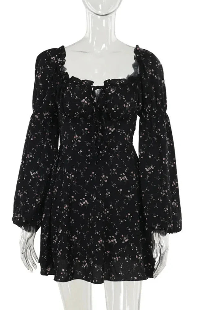 Long Puff Sleeve Square Collar Backless Mini Dress