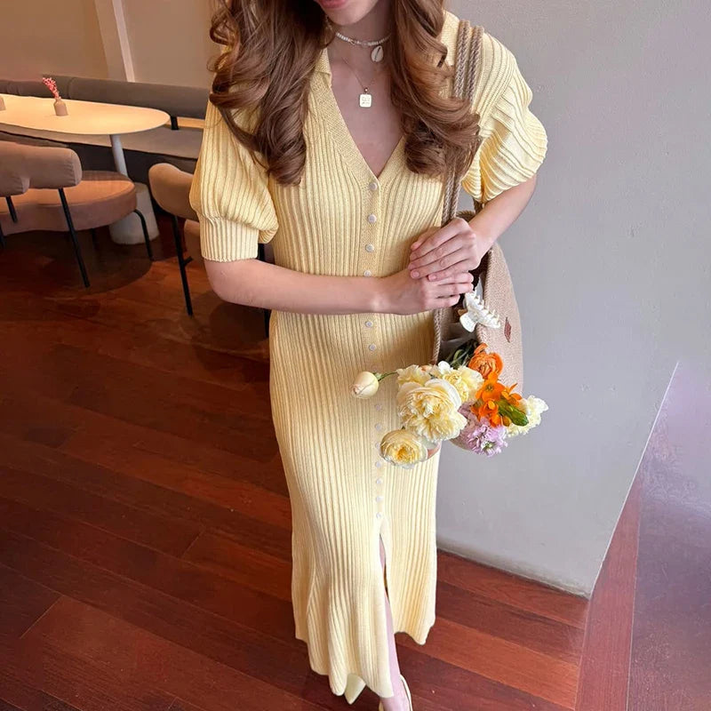 V-Neck Single Breasted High Waist Maxi Dress