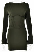 Full Sleeve O Neck Corset Backless Bodycon Mini Dress